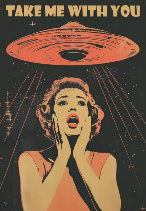 Retro UFO “Take Me With You” Canvas Poster - Vintage Sci-Fi Wall Art (30×45 cm / 12×18 in, Unframed)