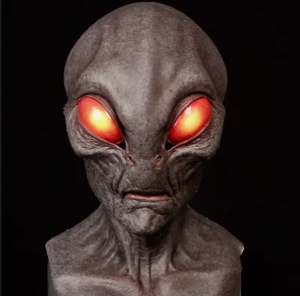 Dark Alien Mask with Glowing Eyes – Realistic UFO Extraterrestrial Horror Head