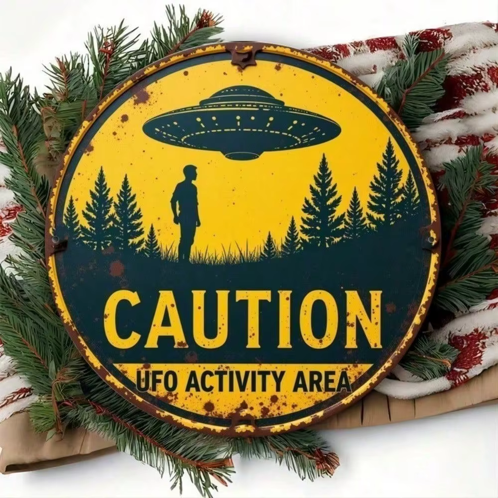 Alien UFO Caution Metal Tin Sign – 8x12 Inch Vintage Retro Wall Decor