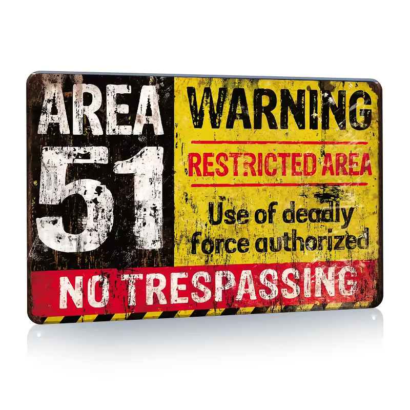 Vintage Area 51 Warning Metal Tin Sign – Restricted Area No Trespassing Wall Decor