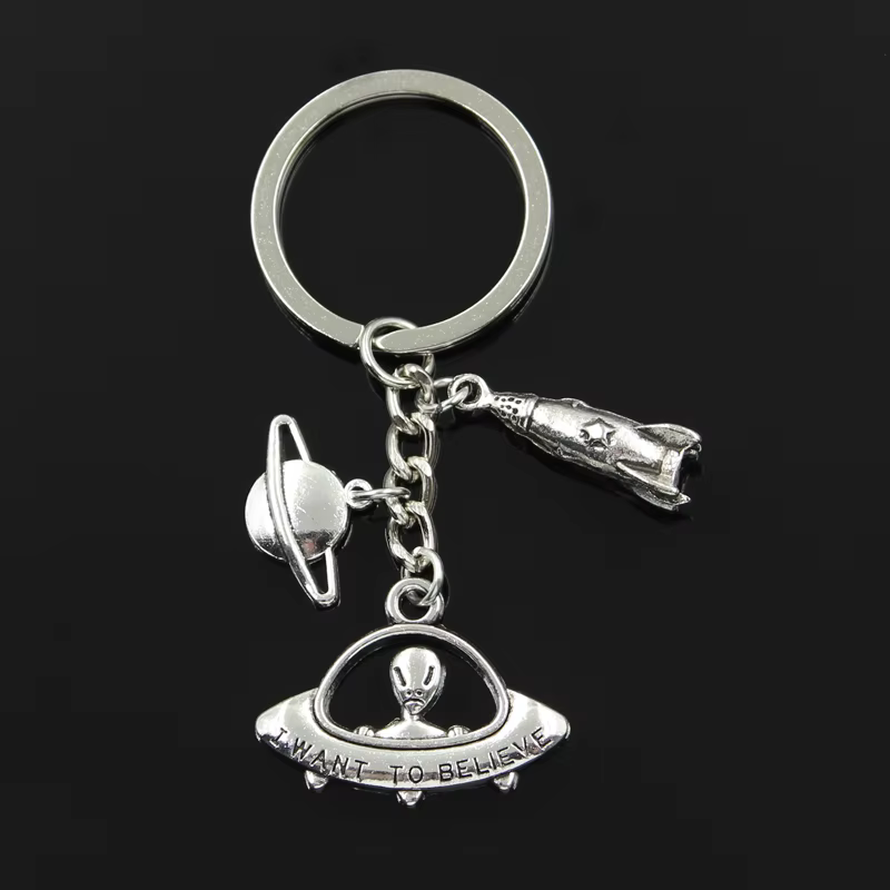 Silver UFO Alien Keychain – Rocket, Planet & Spaceship Charm Key Ring
