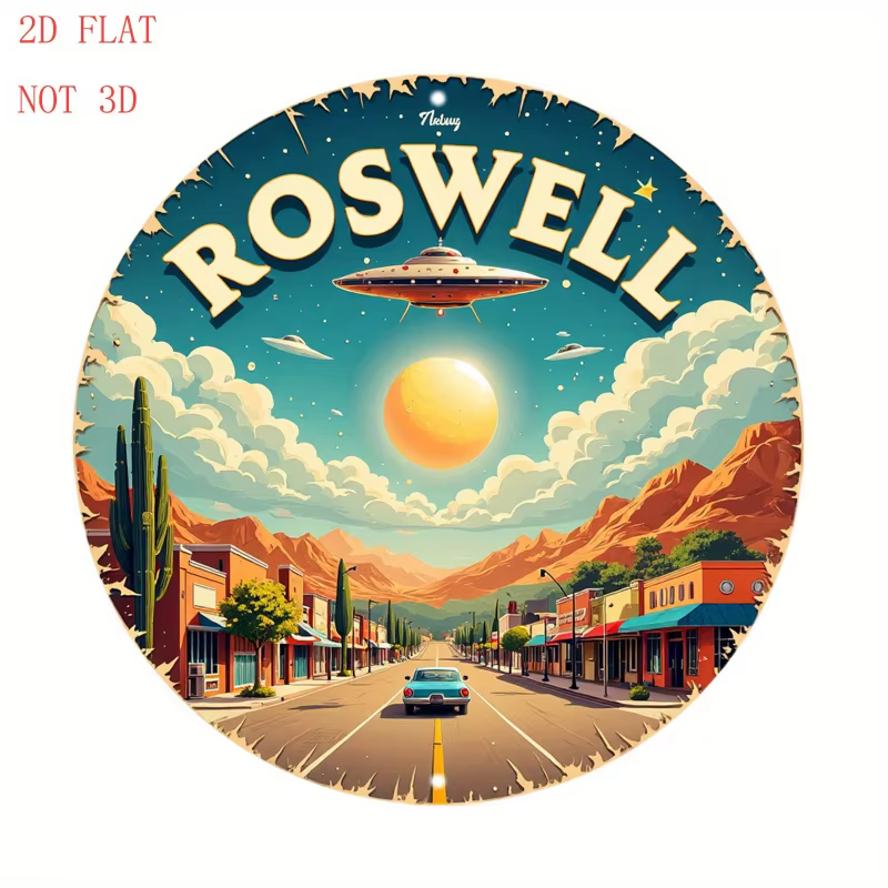 Roswell UFO Alien Highway Metal Sign – 8" Round Retro 1950s Sci-Fi Wall Decor