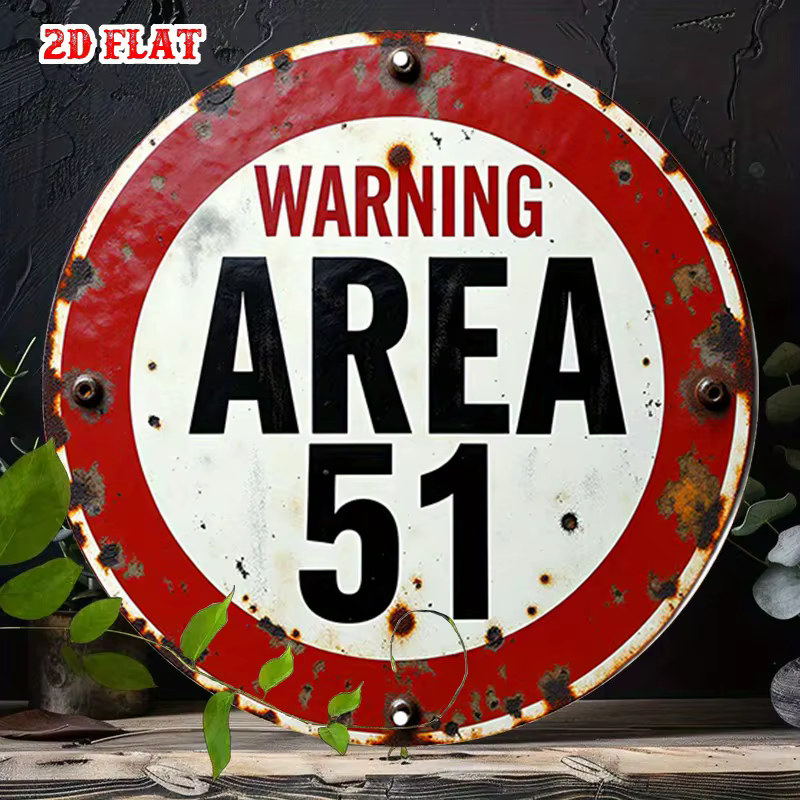 Vintage Metal Tin Sign “Warning Area 51” – Alien Threat Hazard Zone Decor (2D Flat)