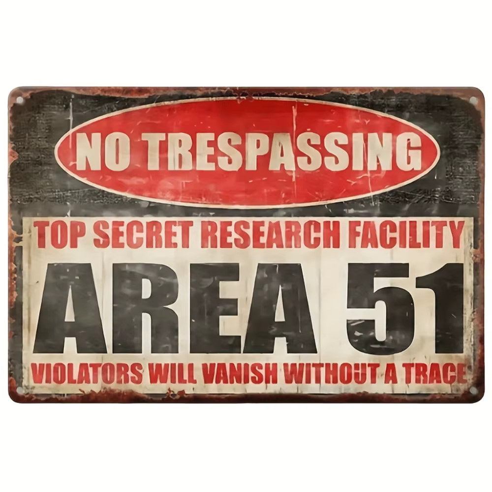 Vintage Metal Tin Sign “No Trespassing Area 51” – Top Secret Alien Warning Wall Decor